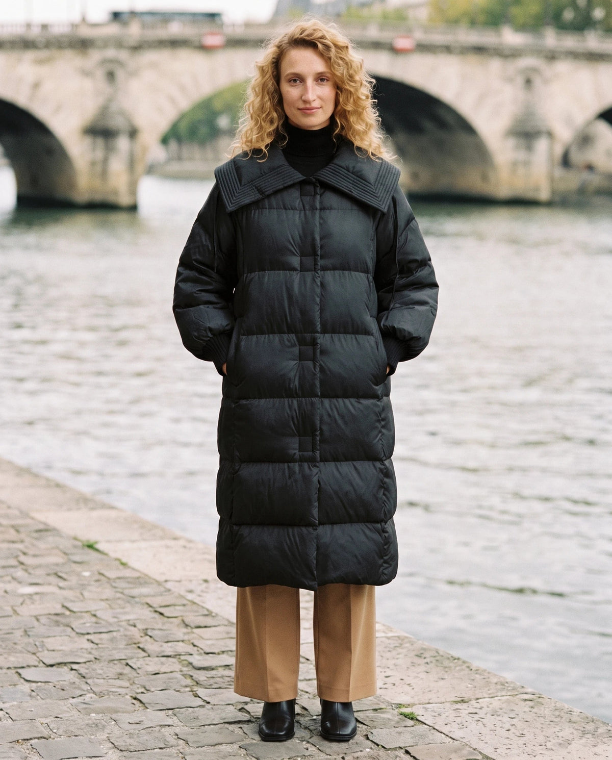 Extra-Long Puffer Jacket with Large Square Collar