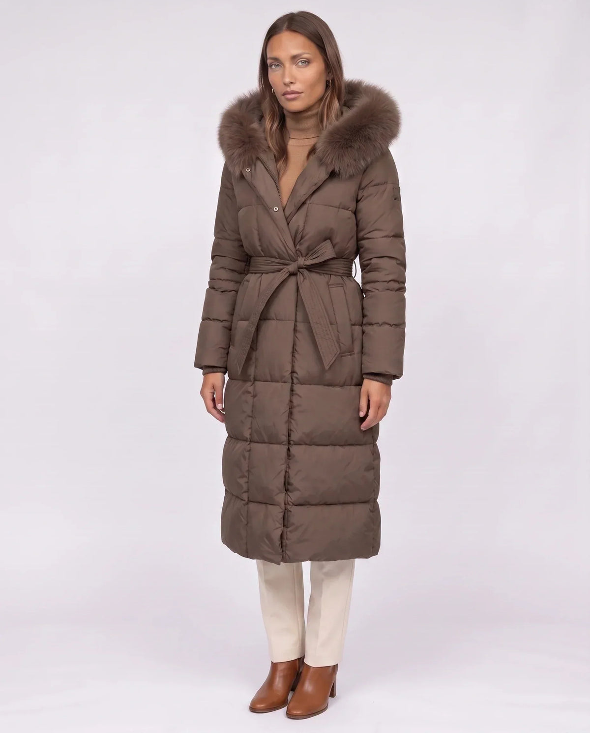 Belted Mid-Length Puffer Jacket with Faux Fur Hood