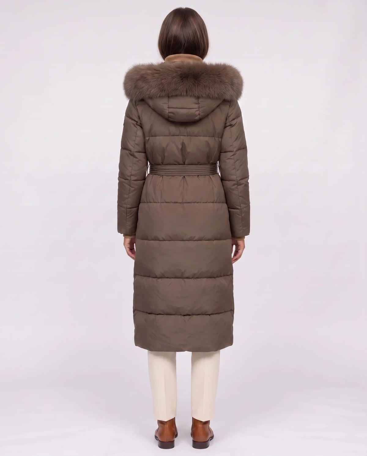 Belted Mid-Length Puffer Jacket with Faux Fur Hood
