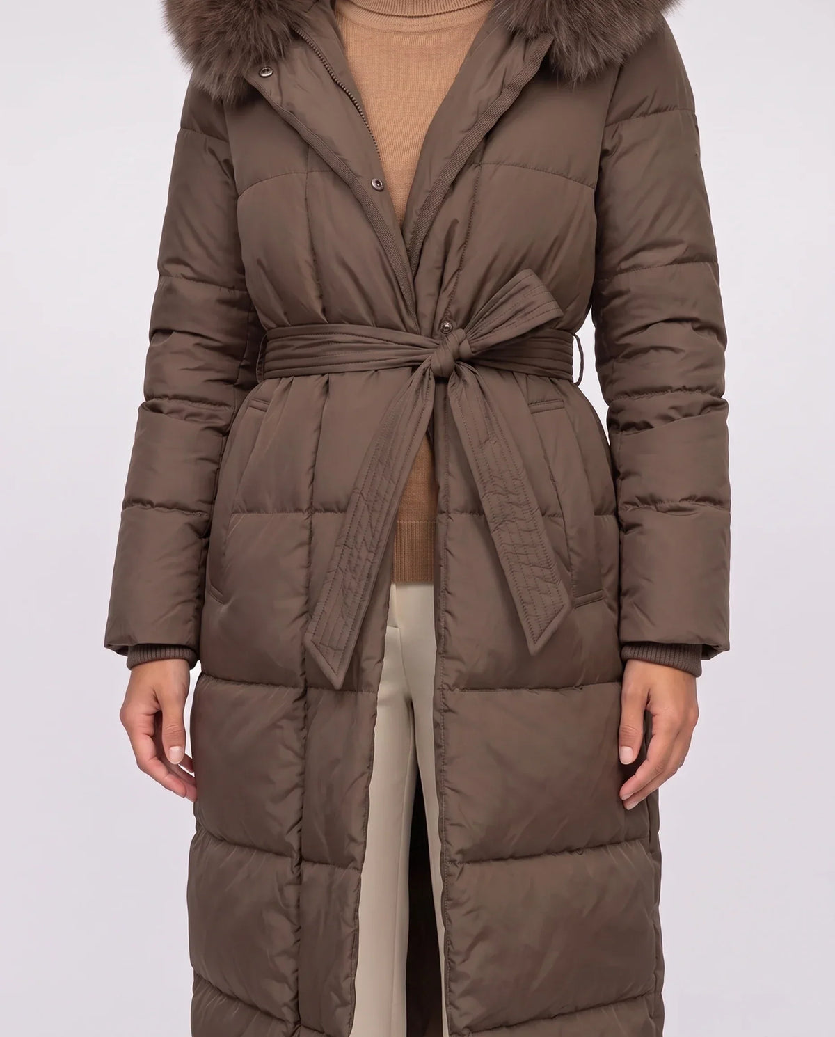 Belted Mid-Length Puffer Jacket with Faux Fur Hood