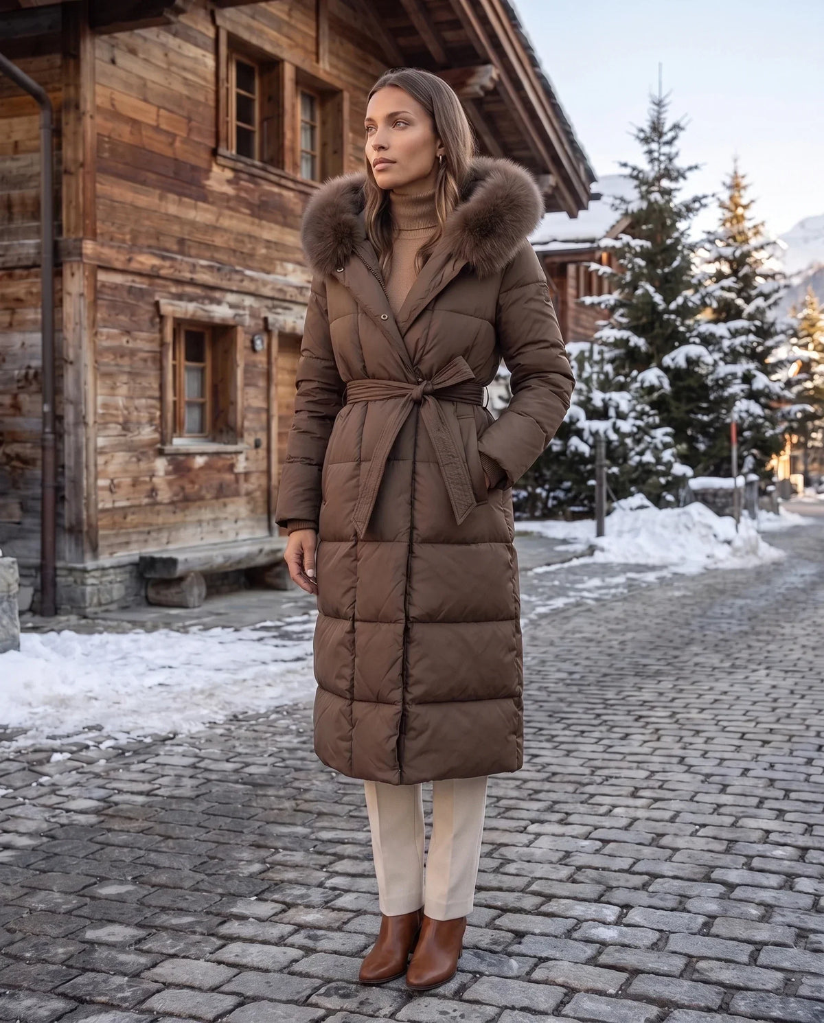 Belted Mid-Length Puffer Jacket with Faux Fur Hood