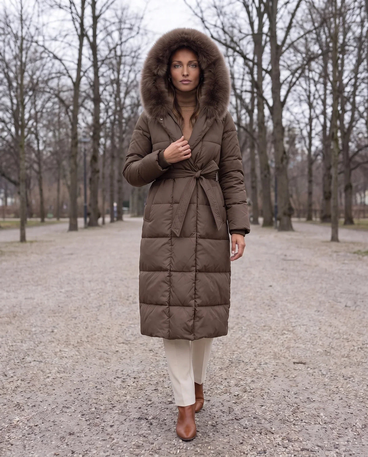 Belted Mid-Length Puffer Jacket with Faux Fur Hood