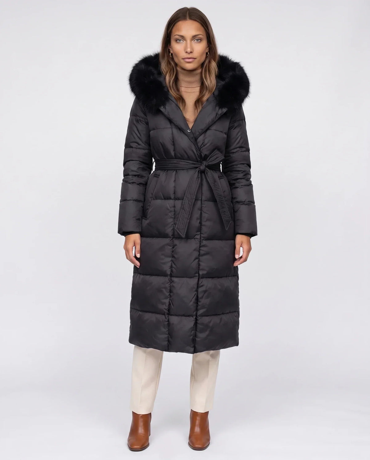 Belted Mid-Length Puffer Jacket with Faux Fur Hood
