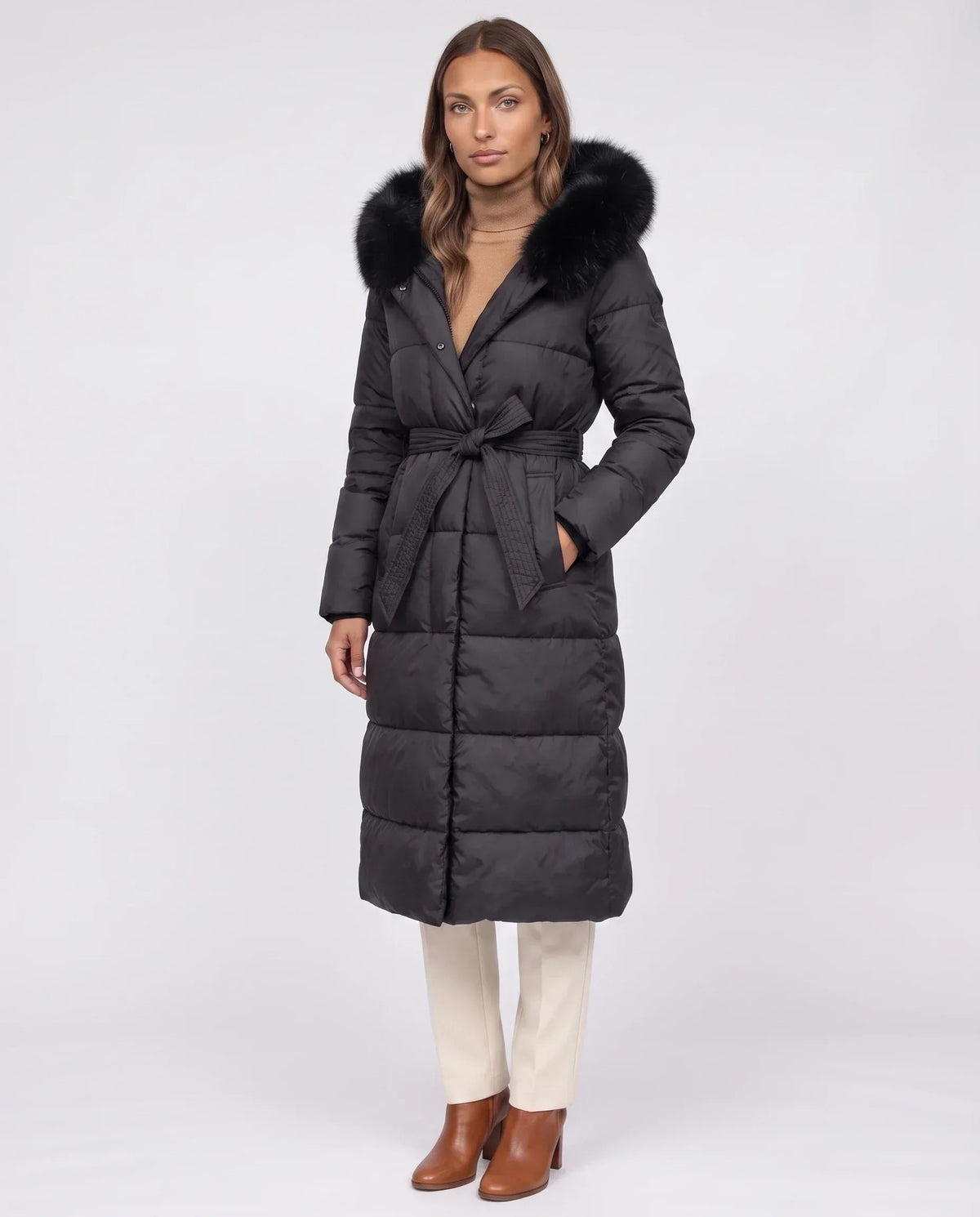 Belted Mid-Length Puffer Jacket with Faux Fur Hood