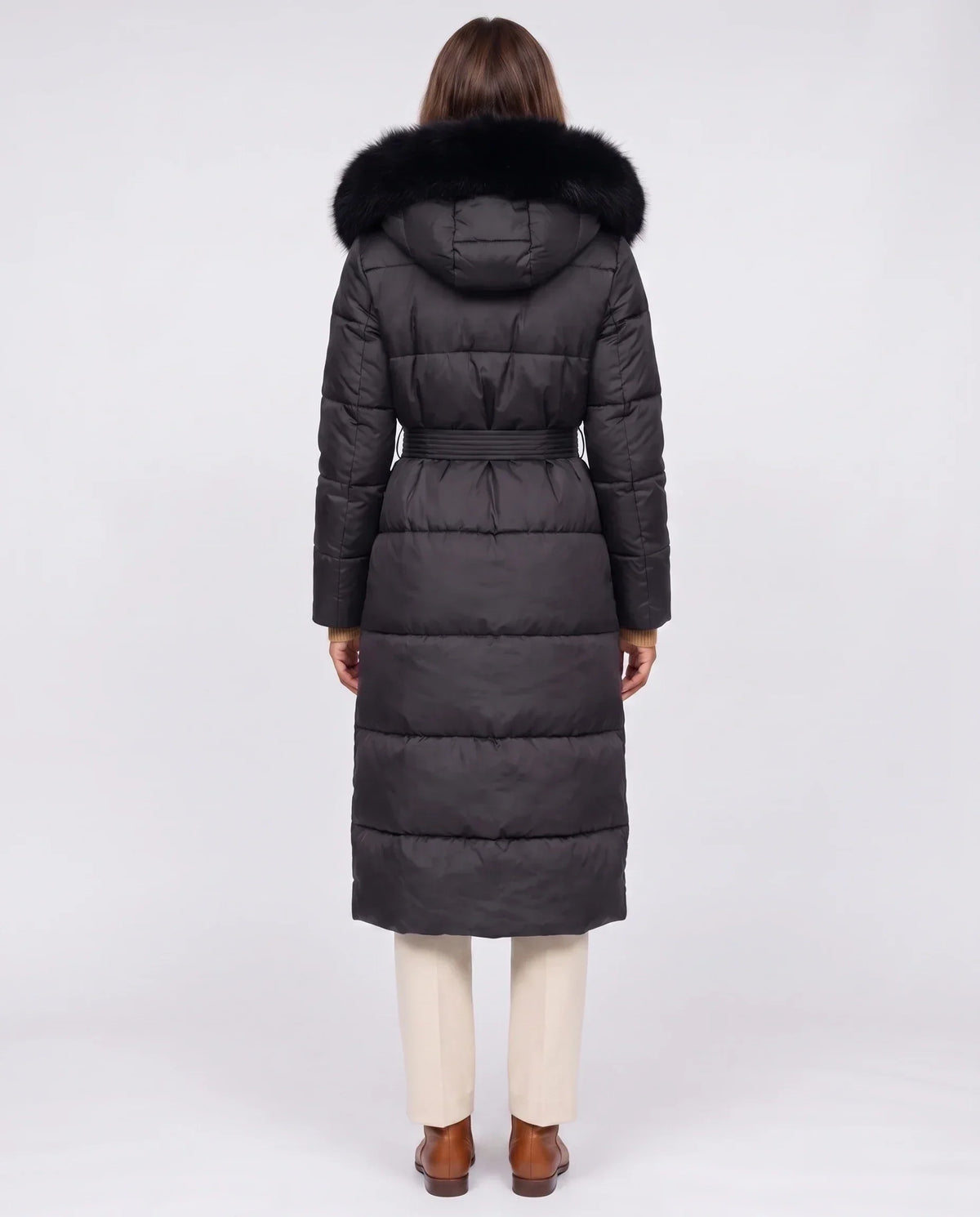 Belted Mid-Length Puffer Jacket with Faux Fur Hood