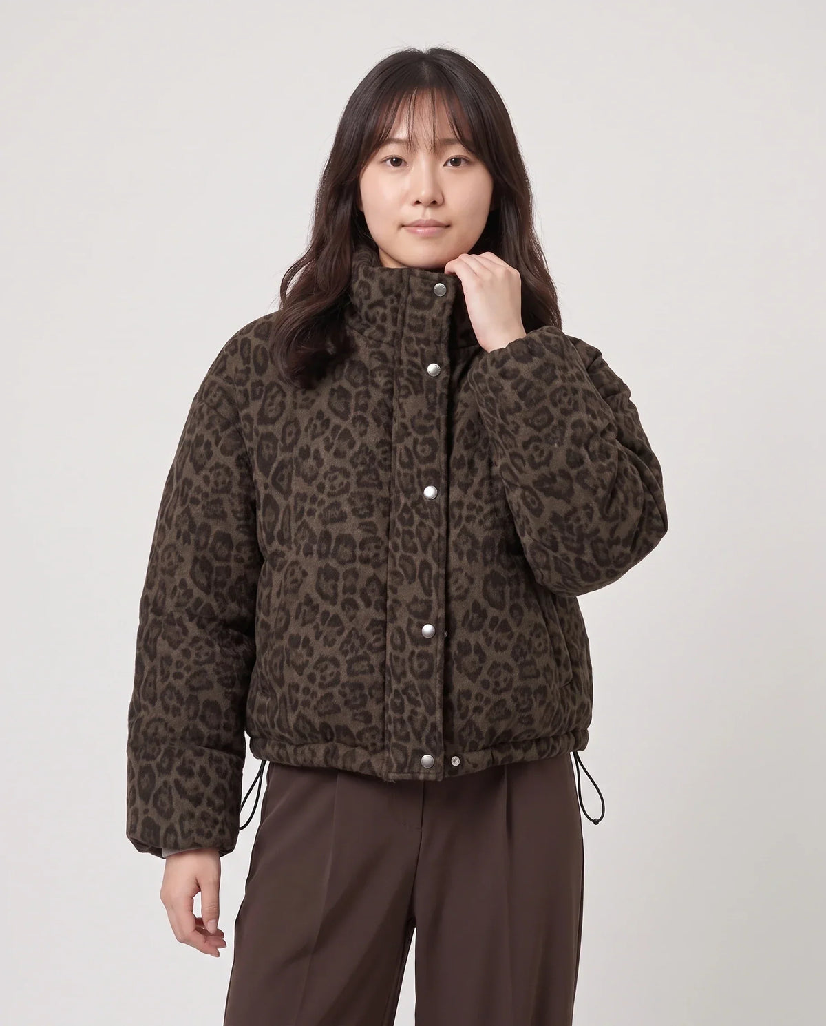 Short Leopard Print Puffer Jacket with Popper Placket