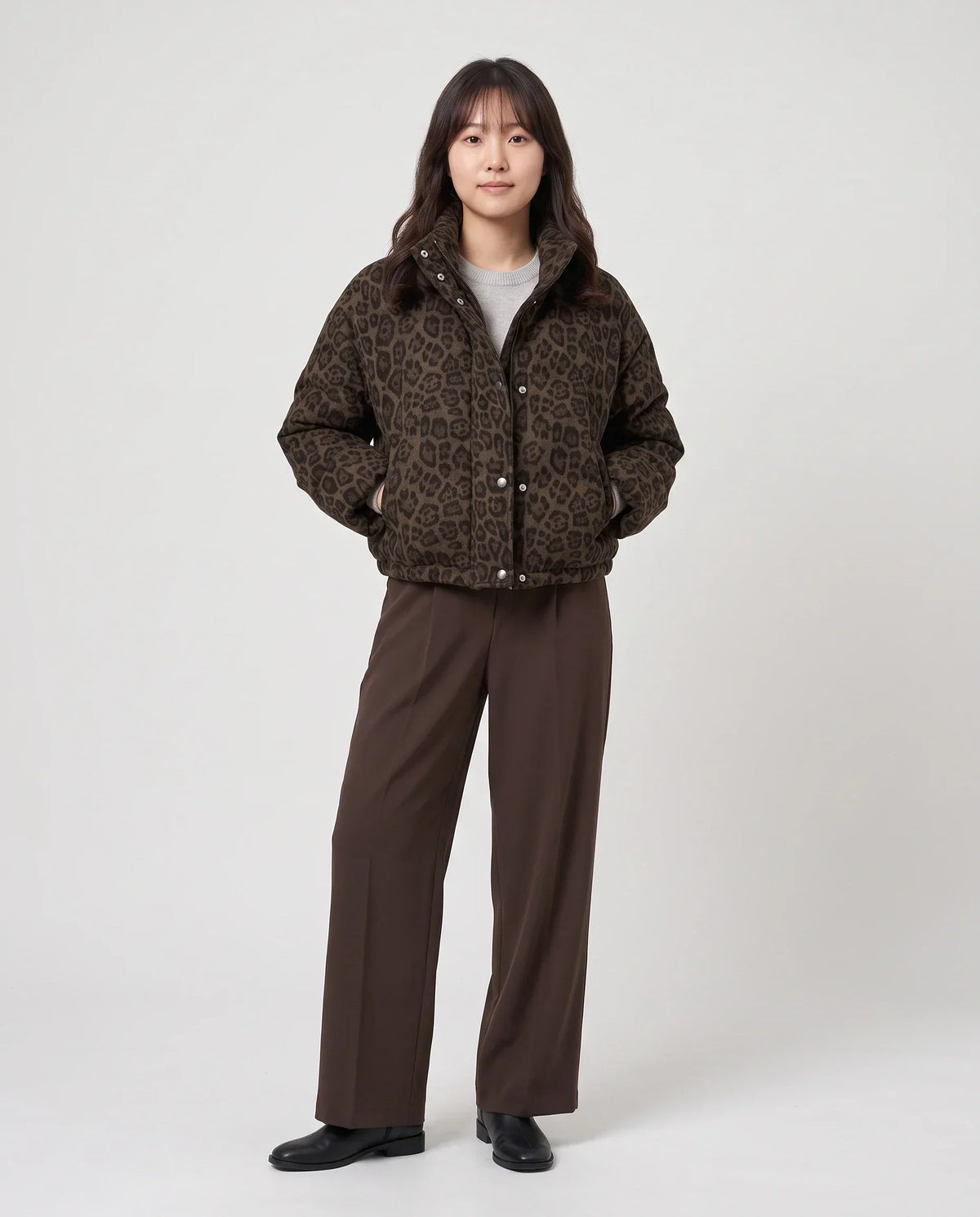 Short Leopard Print Puffer Jacket with Popper Placket
