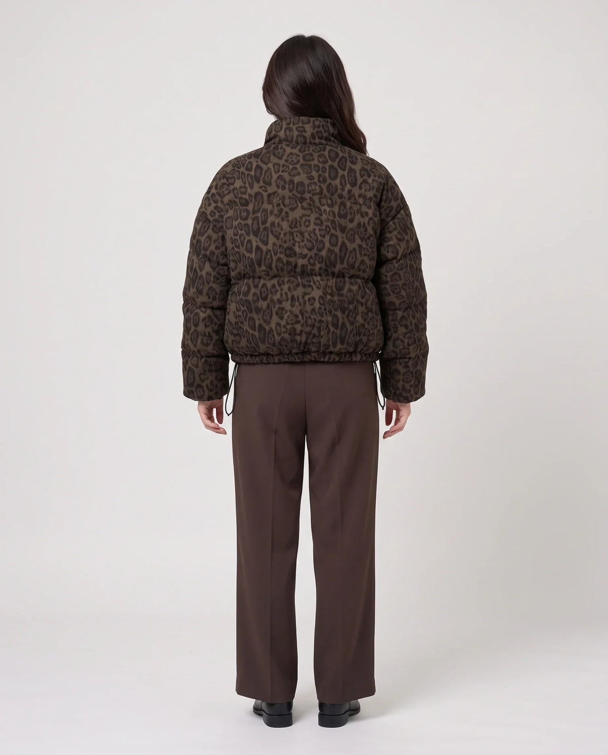 Short Leopard Print Puffer Jacket with Popper Placket