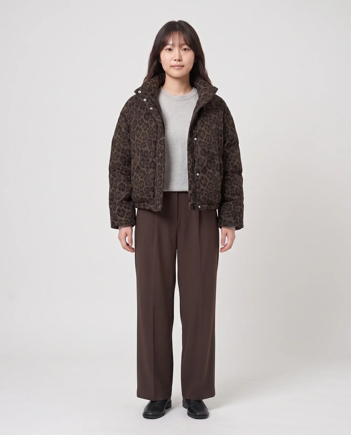 Short Leopard Print Puffer Jacket with Popper Placket