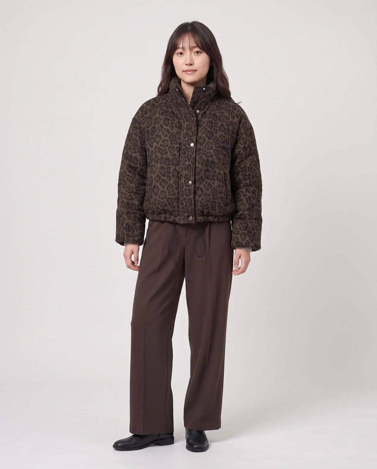 Short Leopard Print Puffer Jacket with Popper Placket