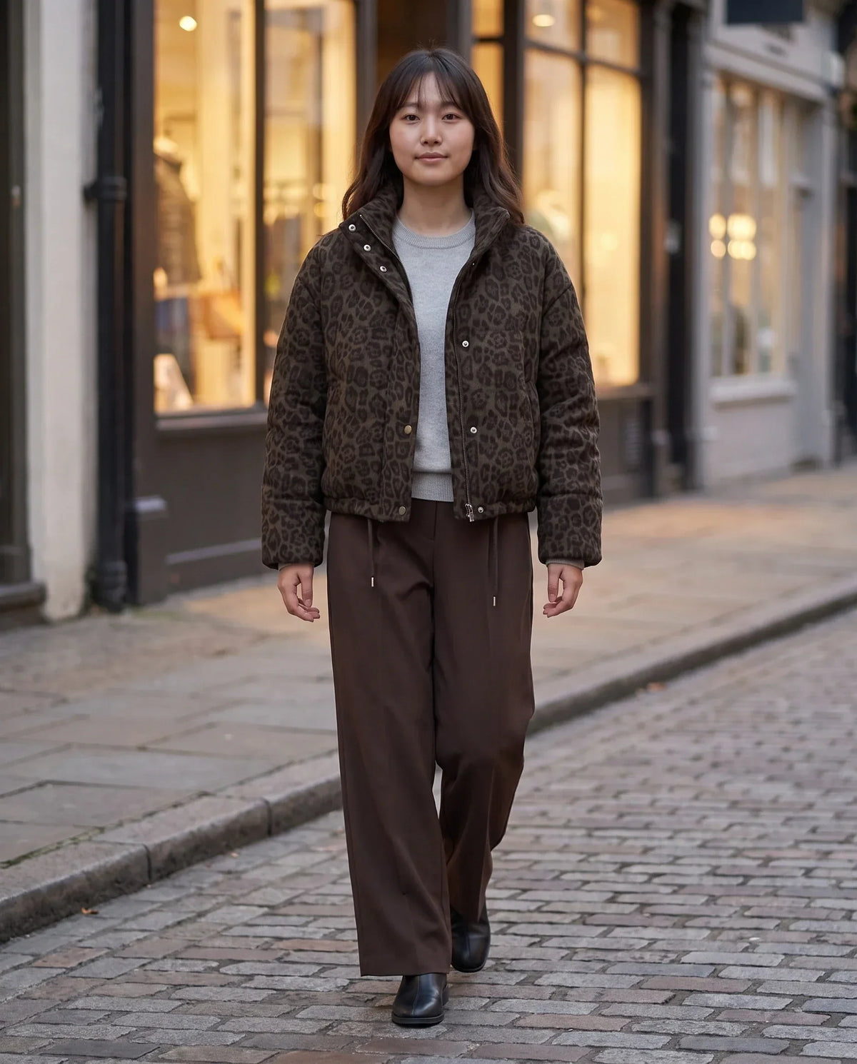Short Leopard Print Puffer Jacket with Popper Placket