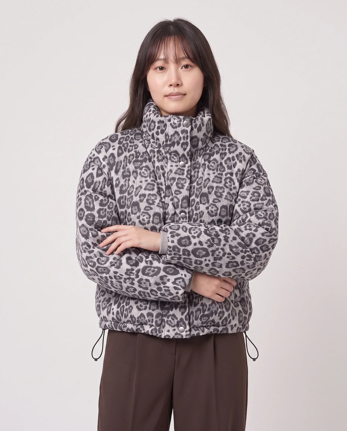 Short Leopard Print Puffer Jacket with Popper Placket
