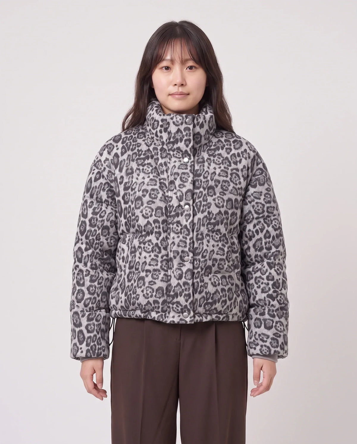 Short Leopard Print Puffer Jacket with Popper Placket