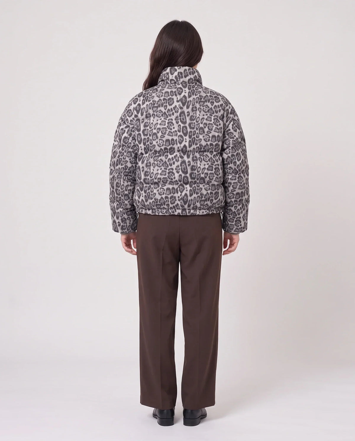 Short Leopard Print Puffer Jacket with Popper Placket