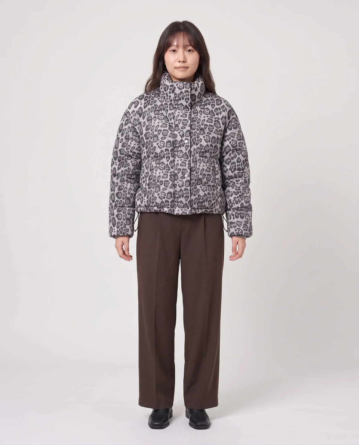 Short Leopard Print Puffer Jacket with Popper Placket