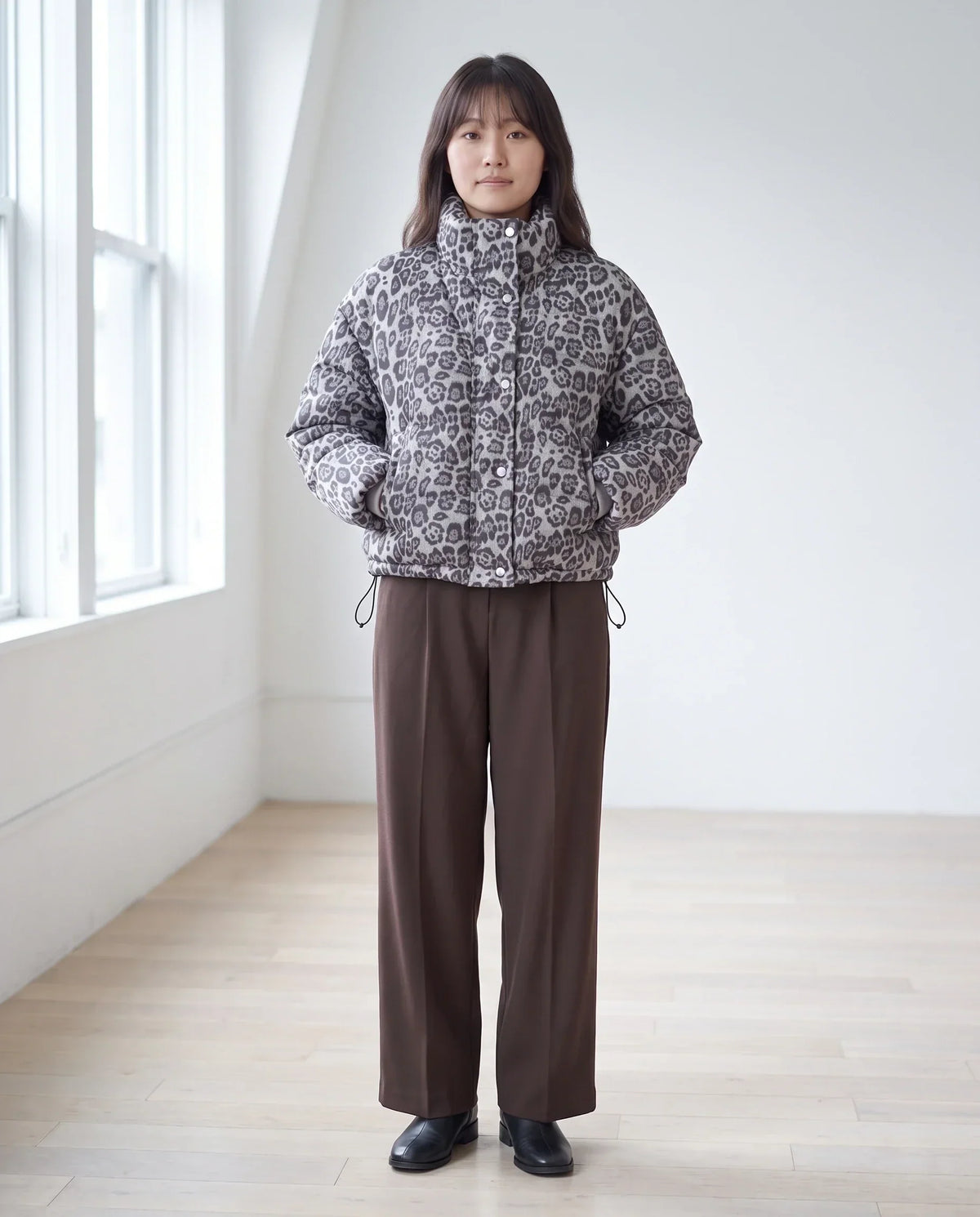 Short Leopard Print Puffer Jacket with Popper Placket
