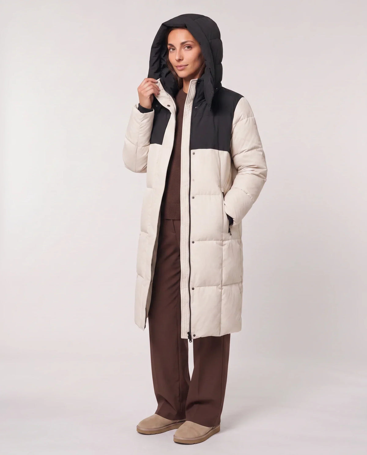 Long Two-Tone Puffer Jacket with Large Squares