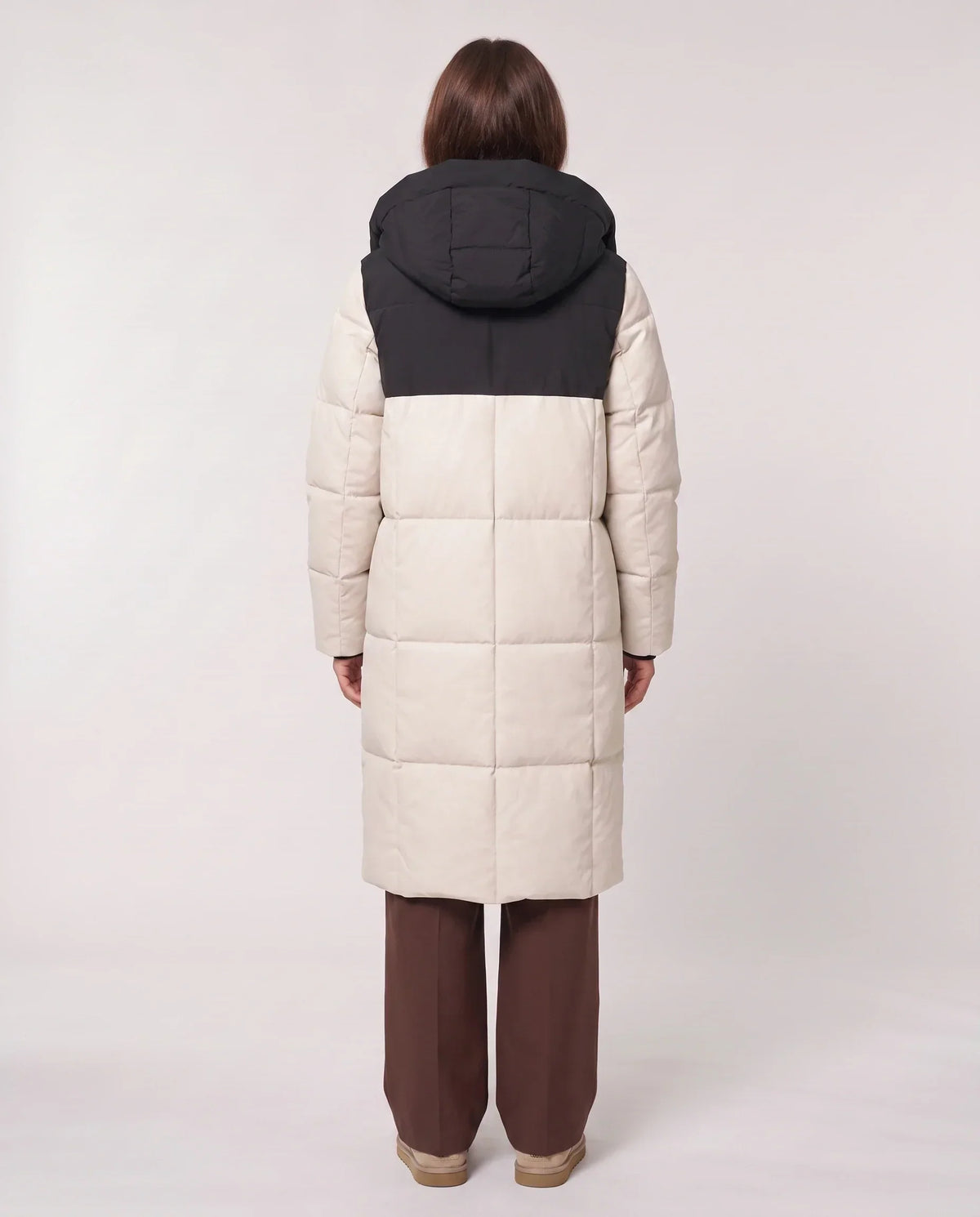 Long Two-Tone Puffer Jacket with Large Squares