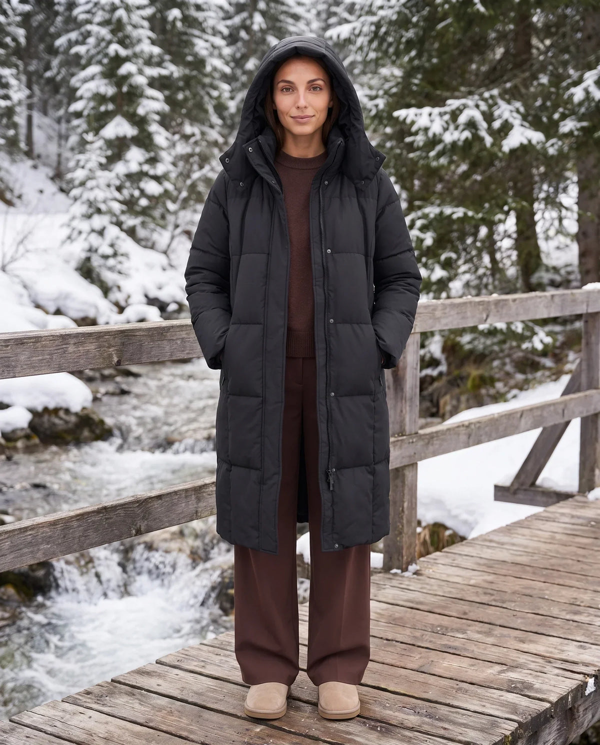 Long Two-Tone Puffer Jacket with Large Squares