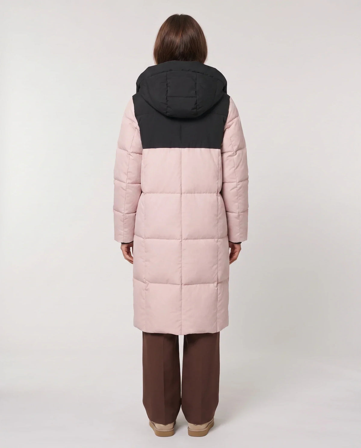 Long Two-Tone Puffer Jacket with Large Squares