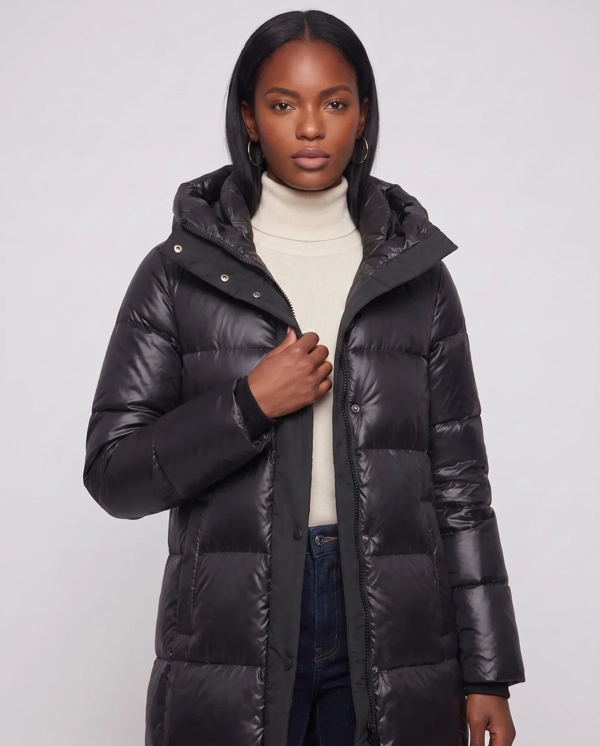 Extra-Long Shiny Hooded Puffer Jacket