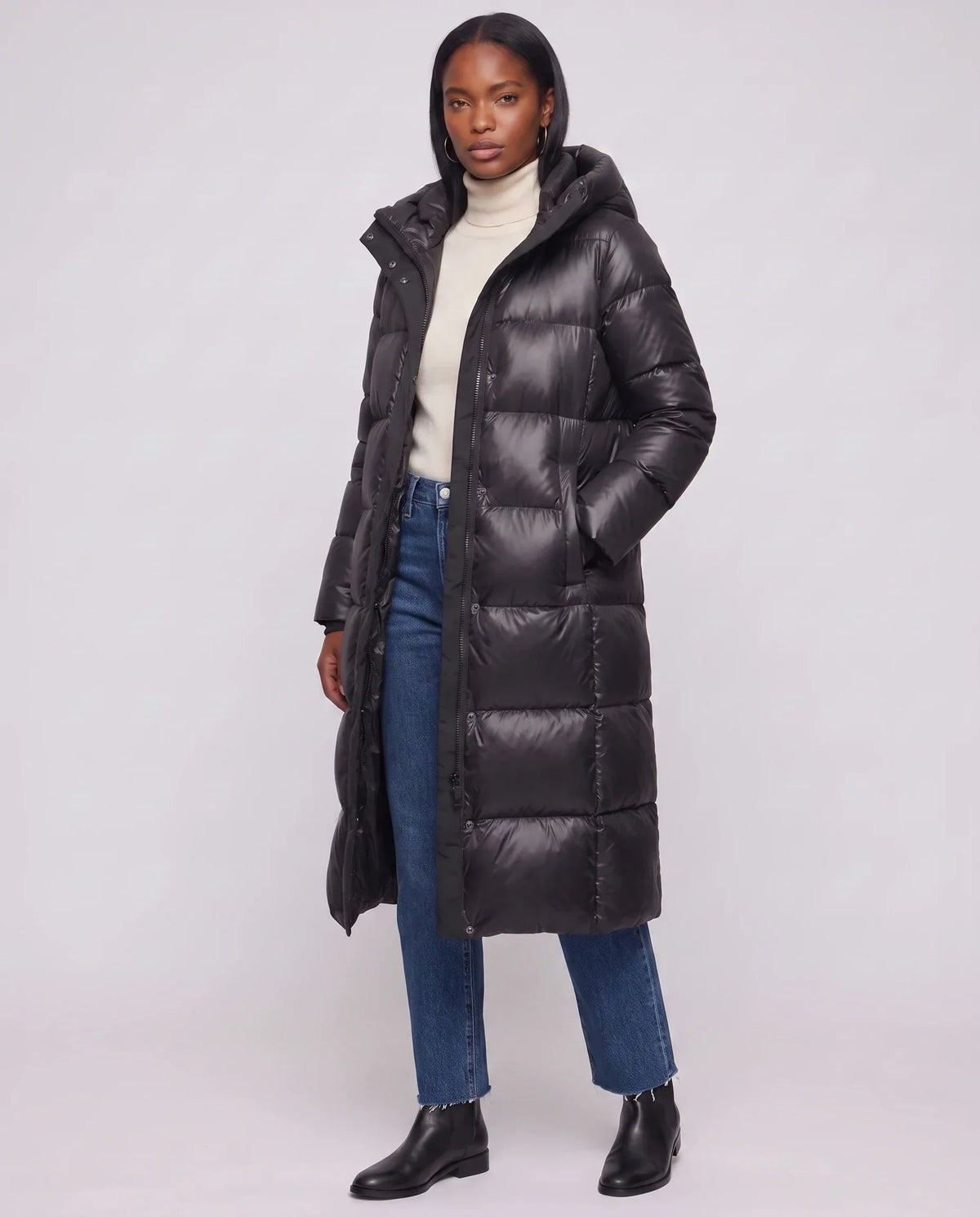 Extra-Long Shiny Hooded Puffer Jacket