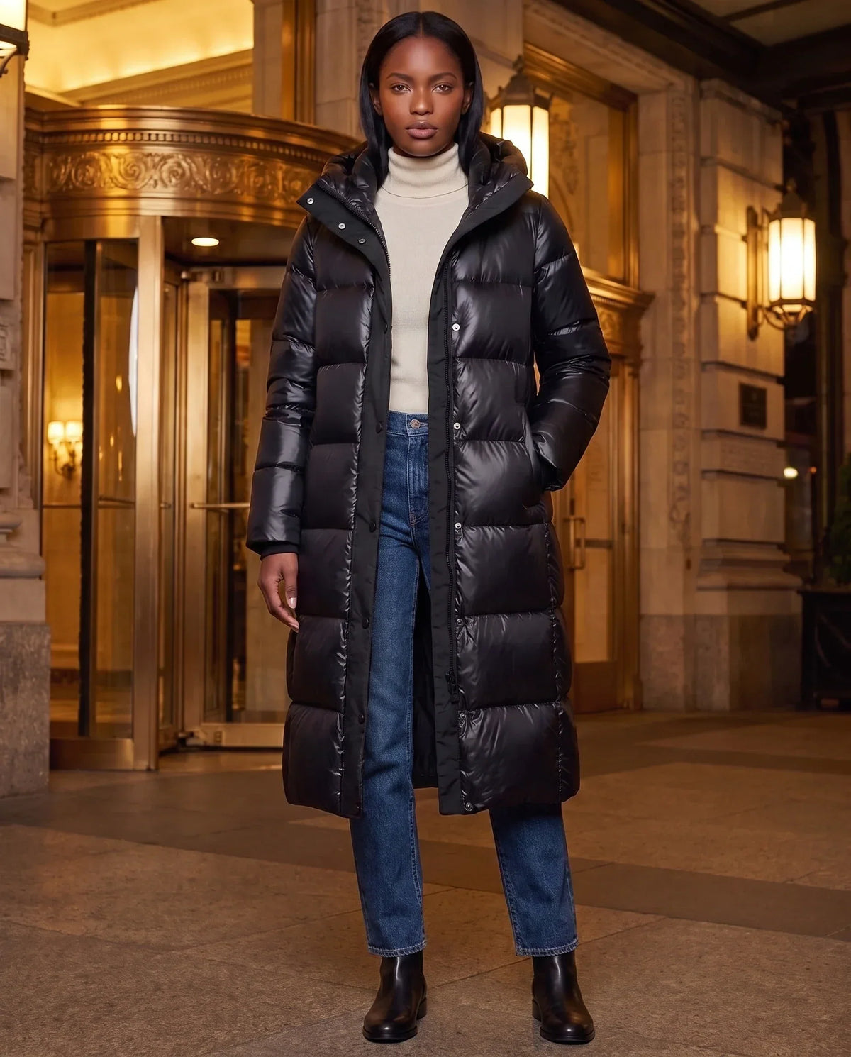 Extra-Long Shiny Hooded Puffer Jacket