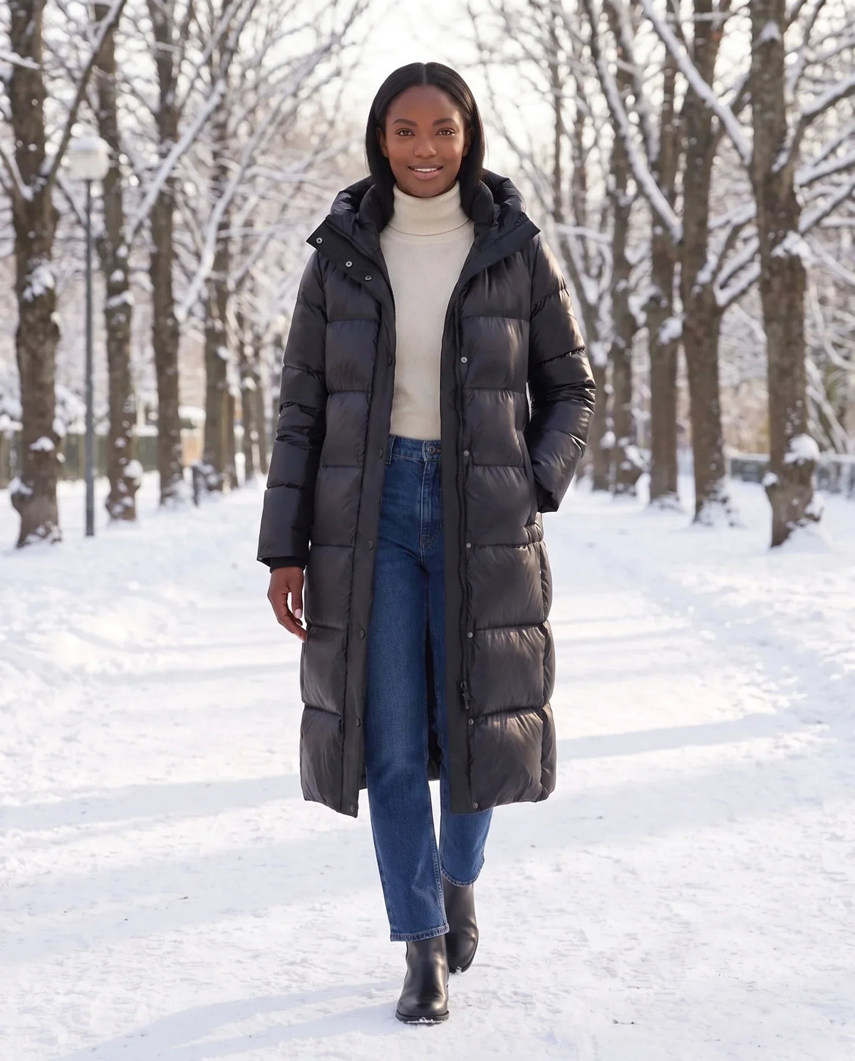 Extra-Long Shiny Hooded Puffer Jacket