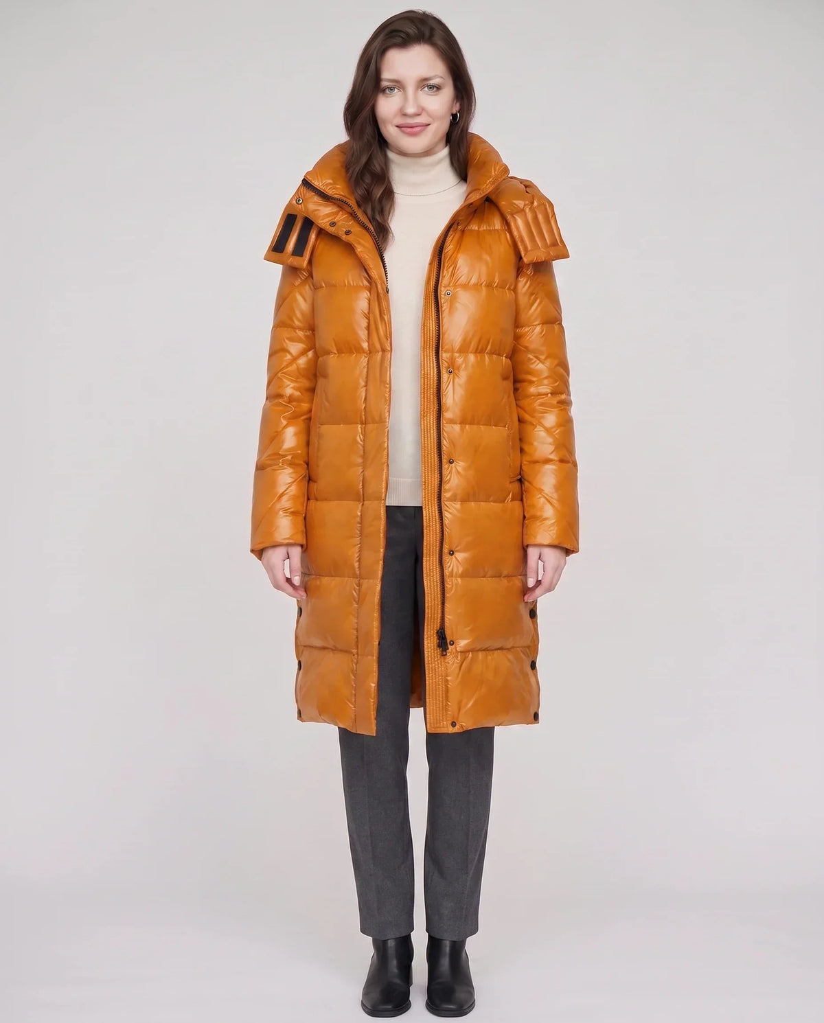 Long Shiny Puffer Jacket with Shoulder Tabs