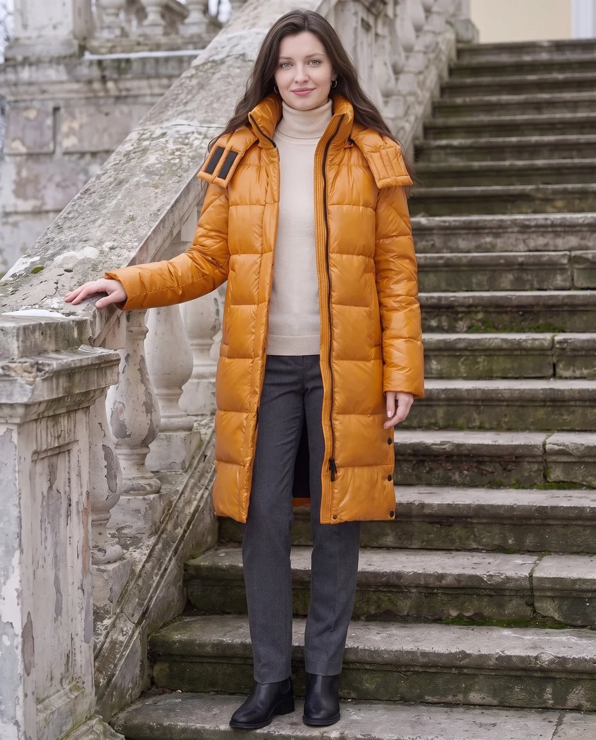 Long Shiny Puffer Jacket with Shoulder Tabs