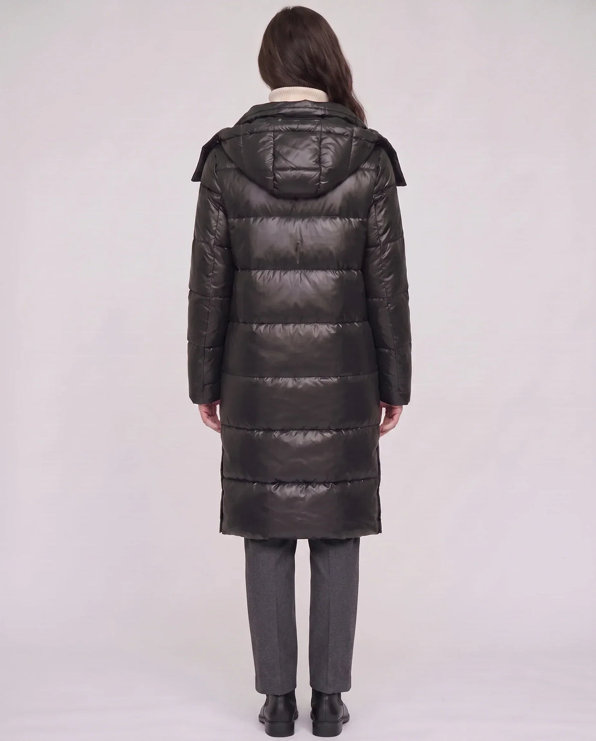 Long Shiny Puffer Jacket with Shoulder Tabs