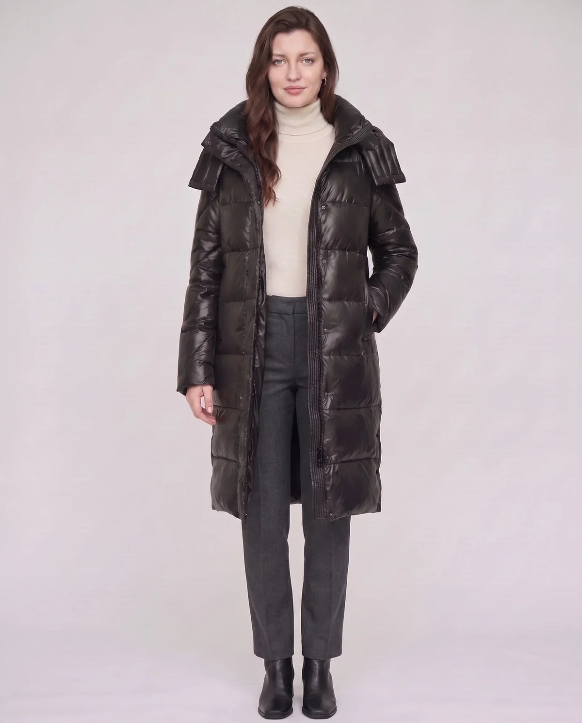 Long Shiny Puffer Jacket with Shoulder Tabs