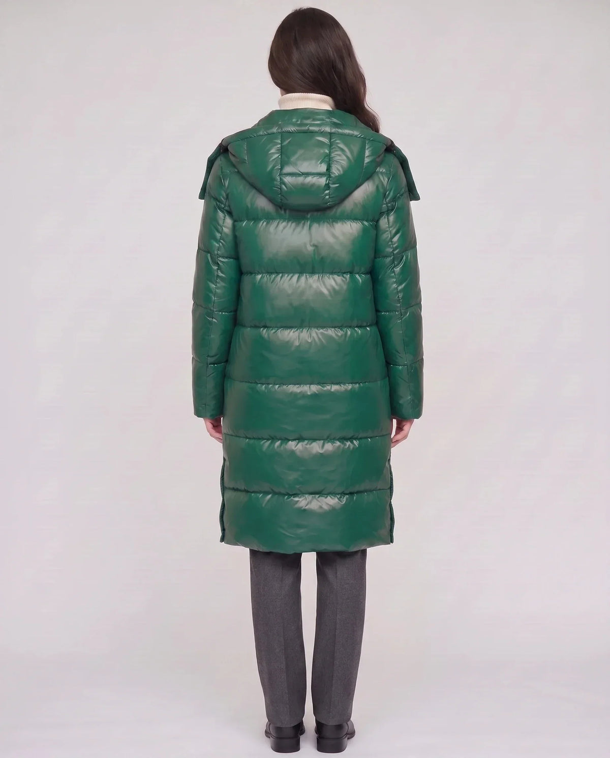 Long Shiny Puffer Jacket with Shoulder Tabs