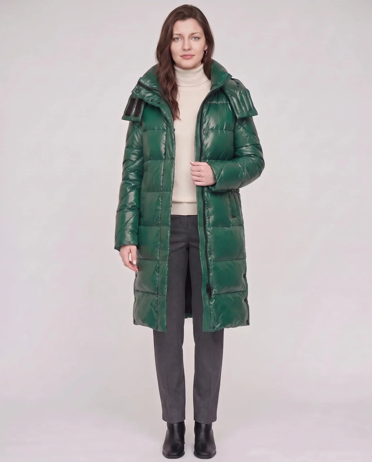 Long Shiny Puffer Jacket with Shoulder Tabs