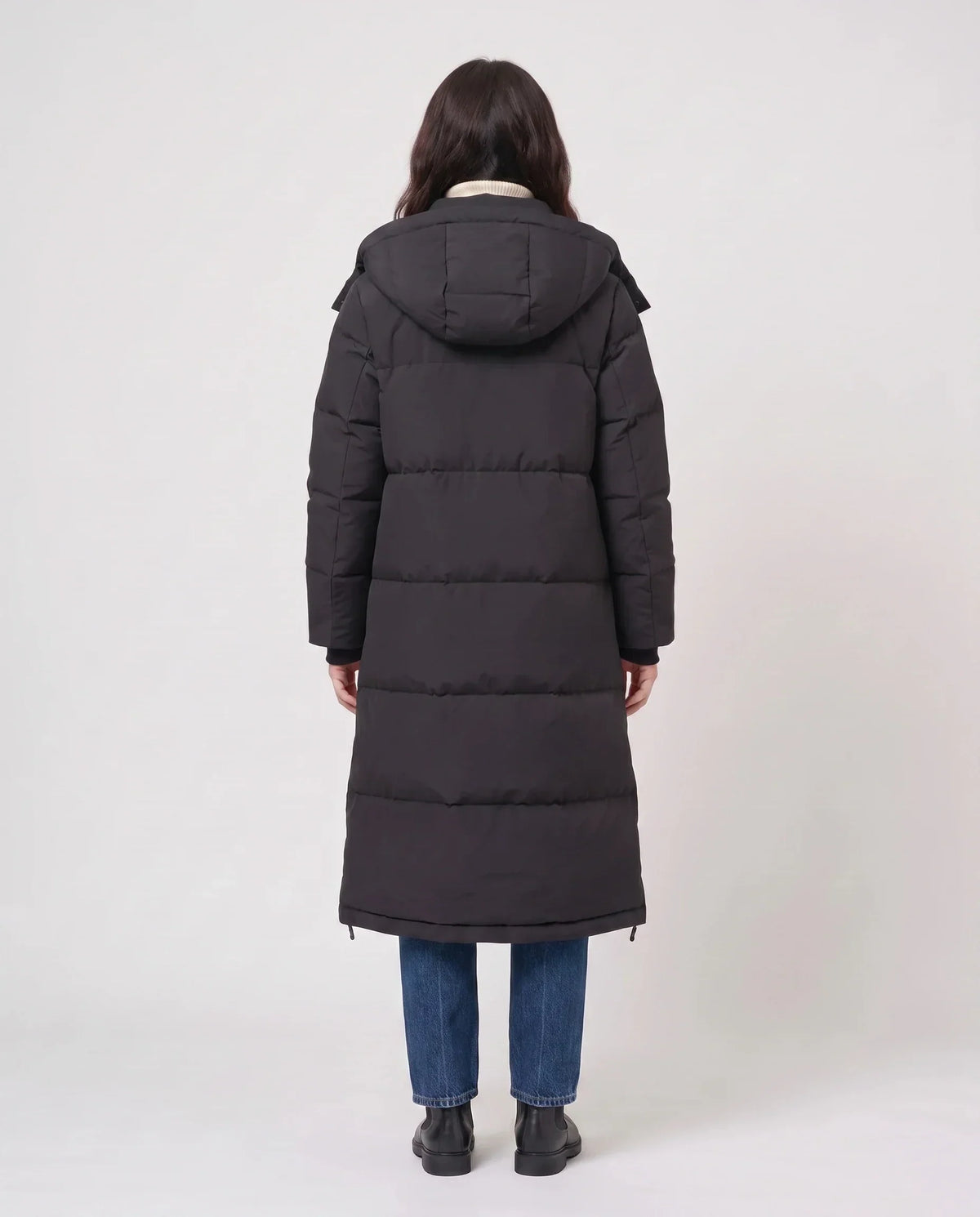 Long Black Puffer Jacket with Detachable Hood