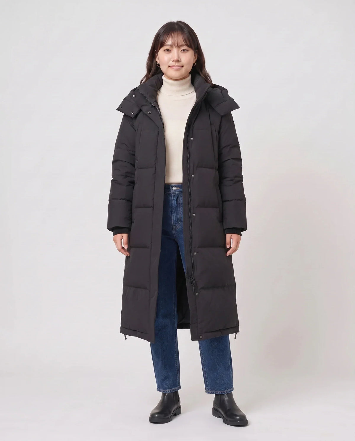 Long Black Puffer Jacket with Detachable Hood