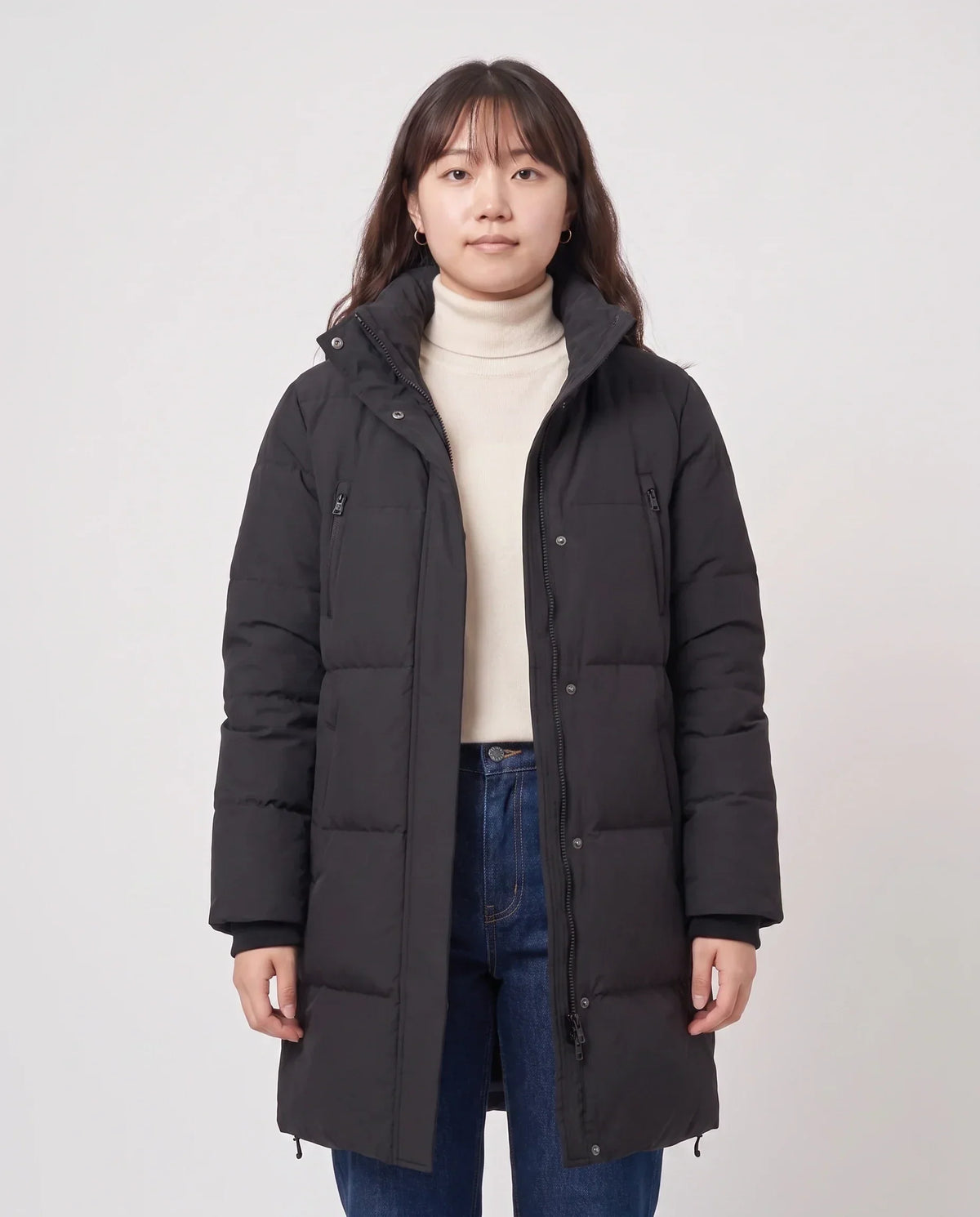 Long Black Puffer Jacket with Detachable Hood