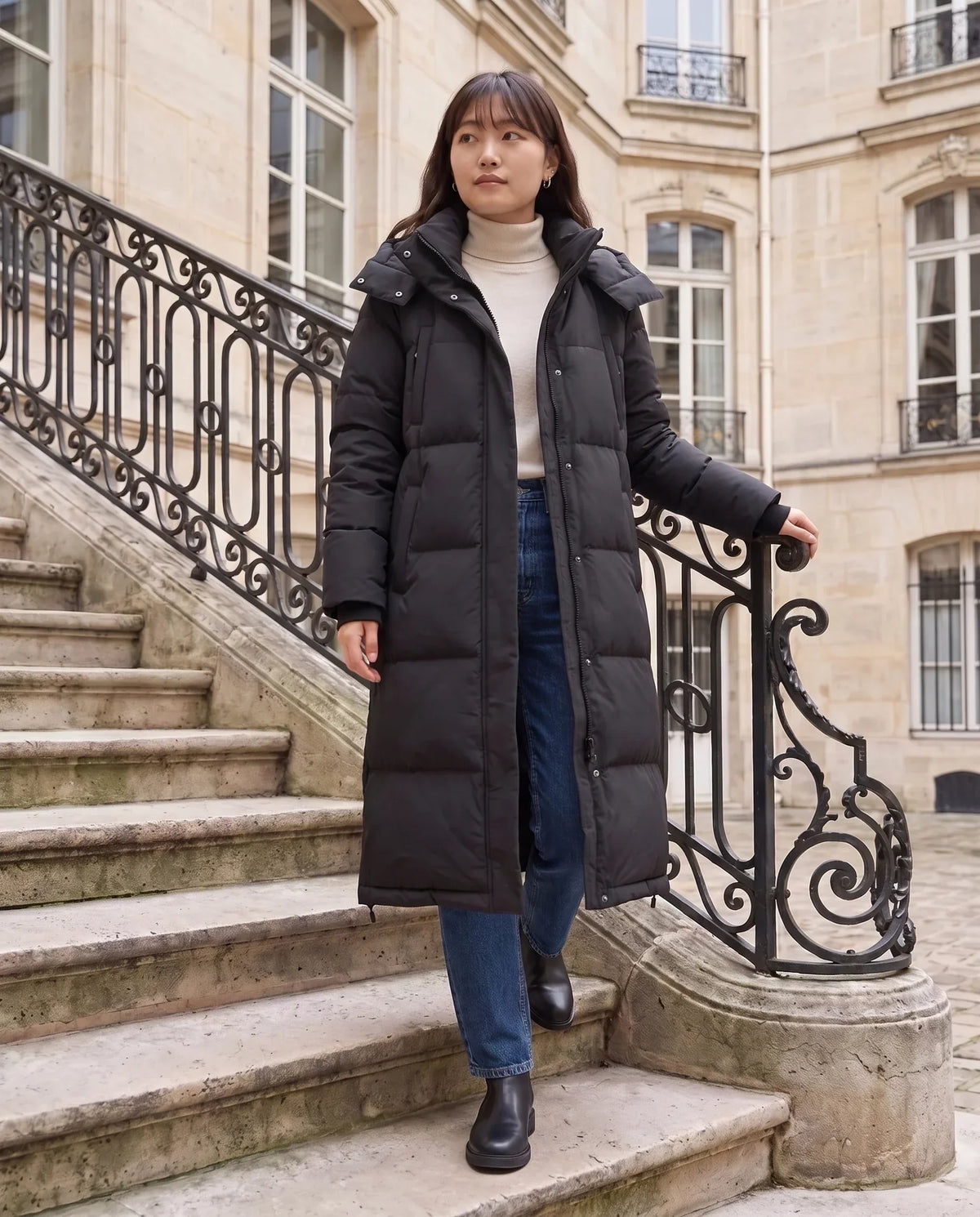 Long Black Puffer Jacket with Detachable Hood