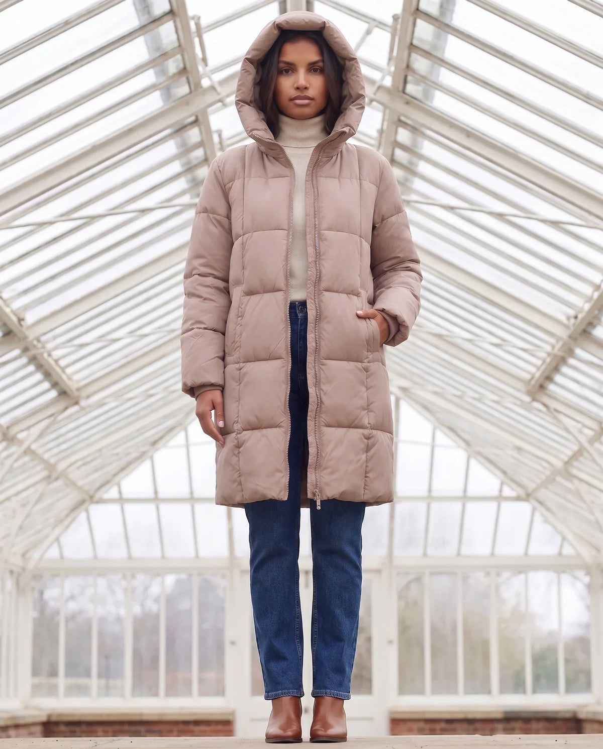 Long Hooded Puffer Jacket with Square Quilting