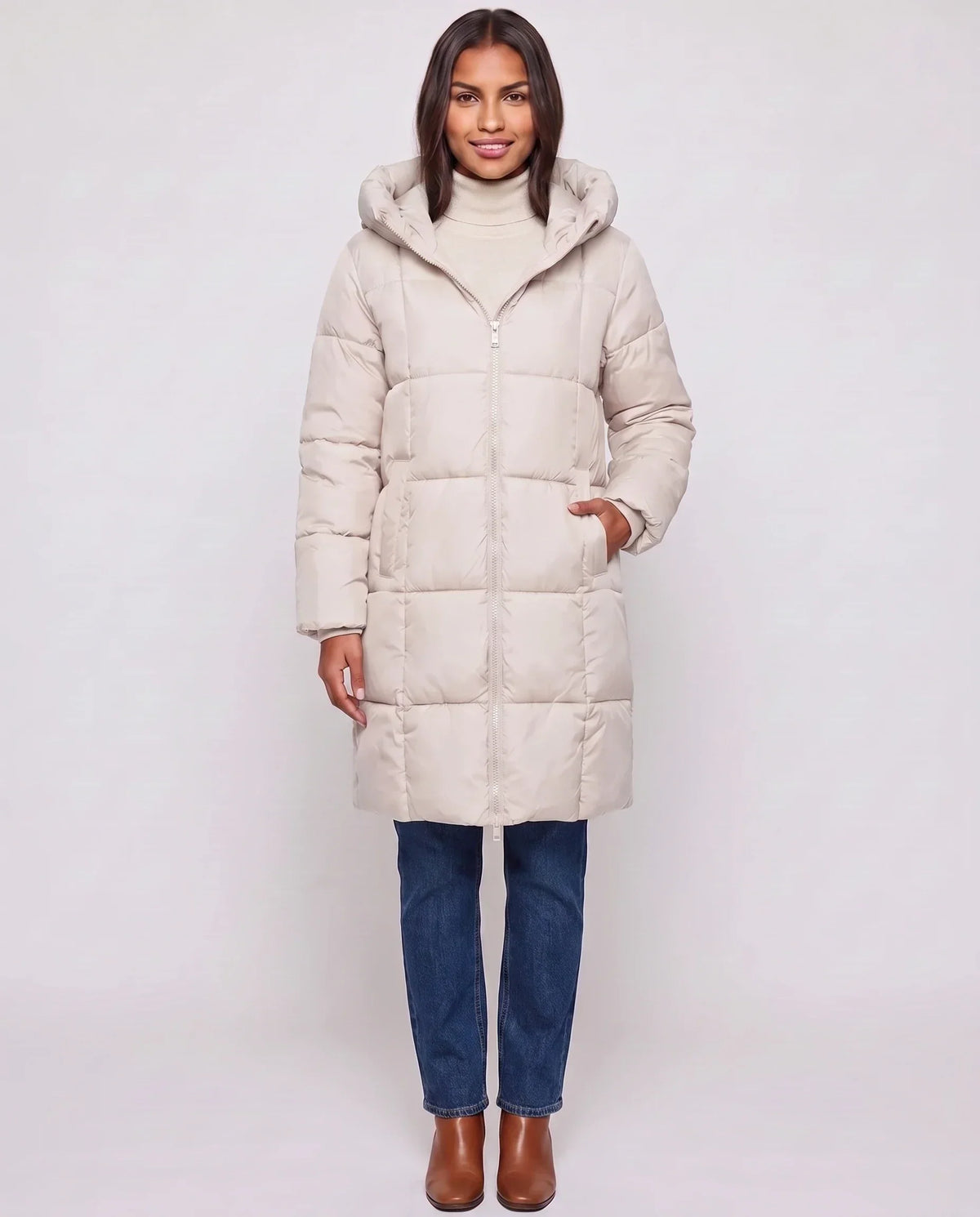 Long Hooded Puffer Jacket with Square Quilting