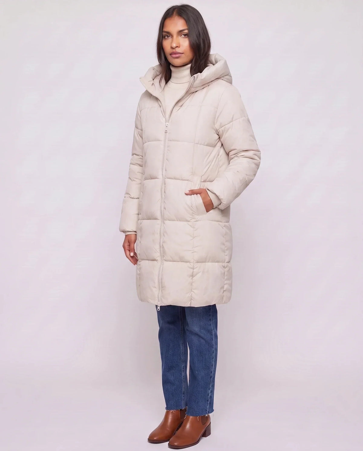 Long Hooded Puffer Jacket with Square Quilting