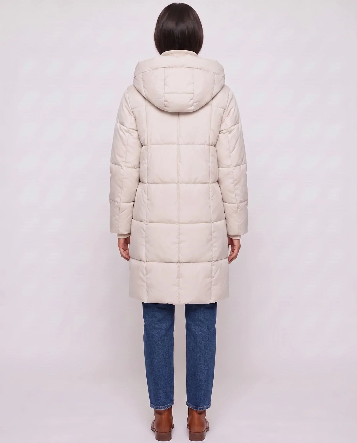 Long Hooded Puffer Jacket with Square Quilting