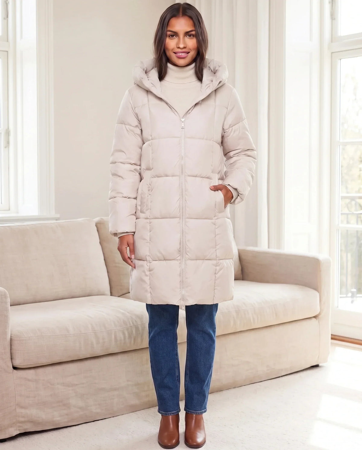 Long Hooded Puffer Jacket with Square Quilting
