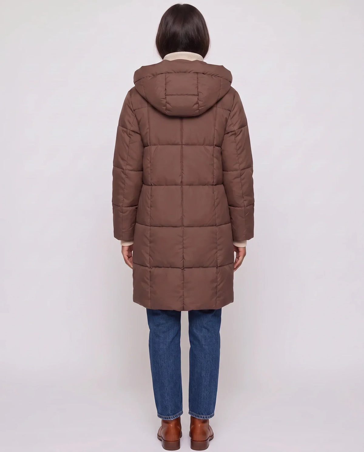 Long Hooded Puffer Jacket with Square Quilting