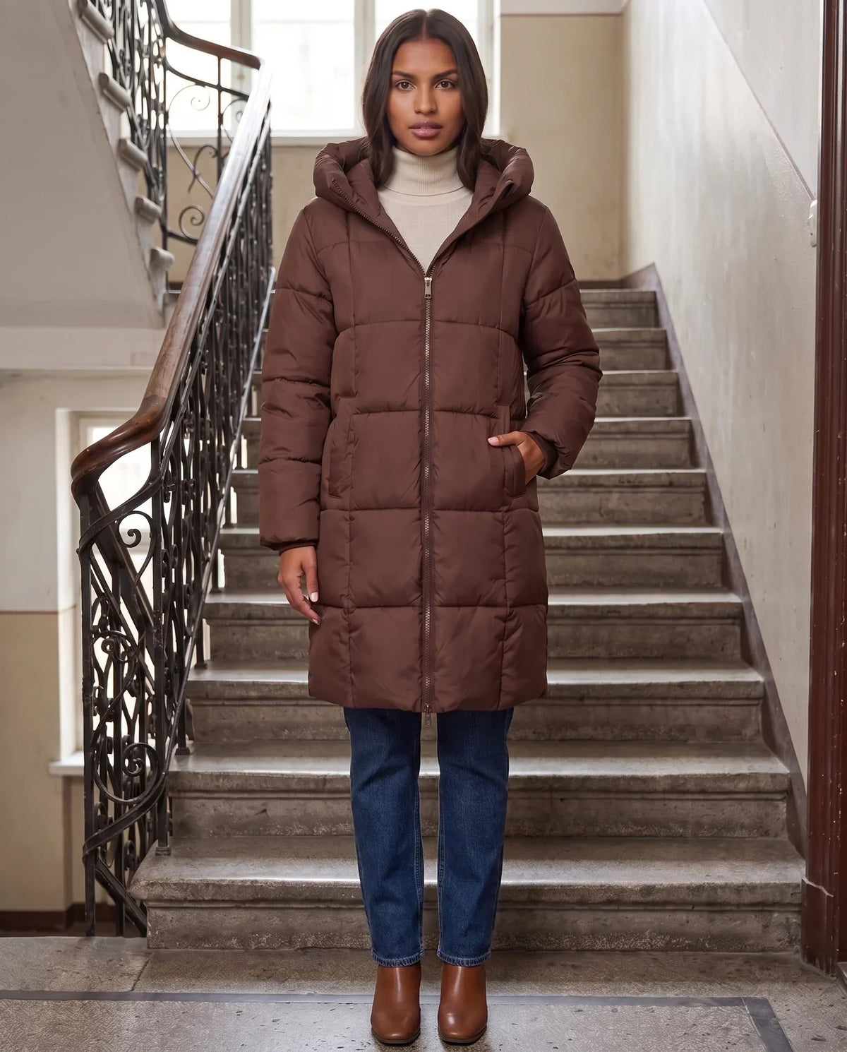 Long Hooded Puffer Jacket with Square Quilting