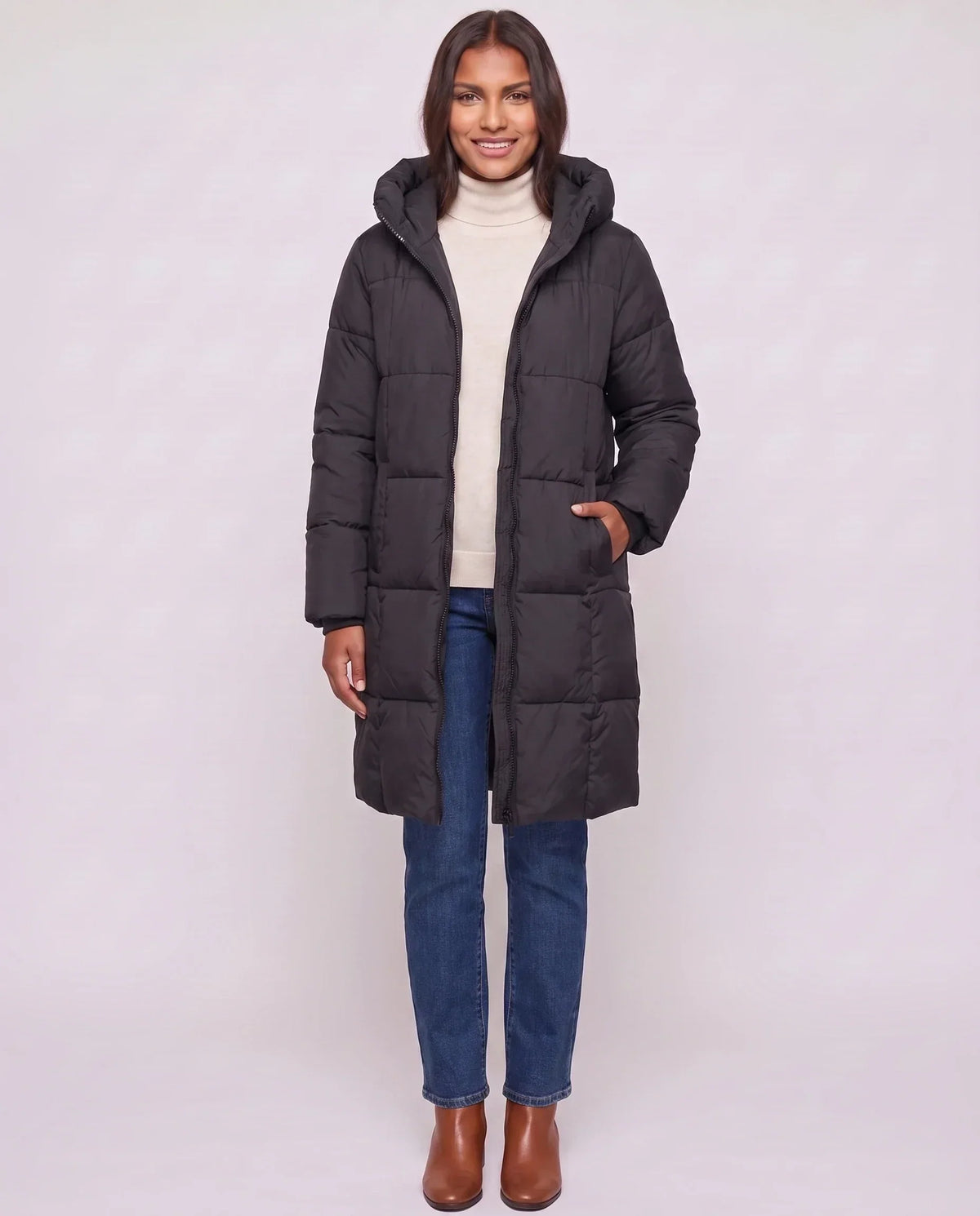 Long Hooded Puffer Jacket with Square Quilting