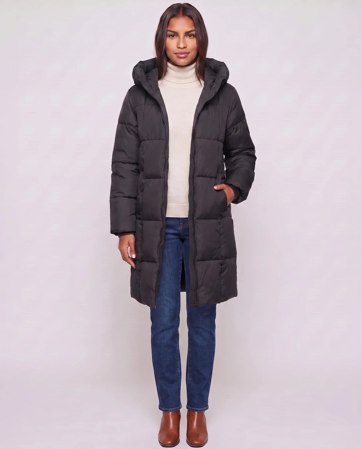 Long Hooded Puffer Jacket with Square Quilting