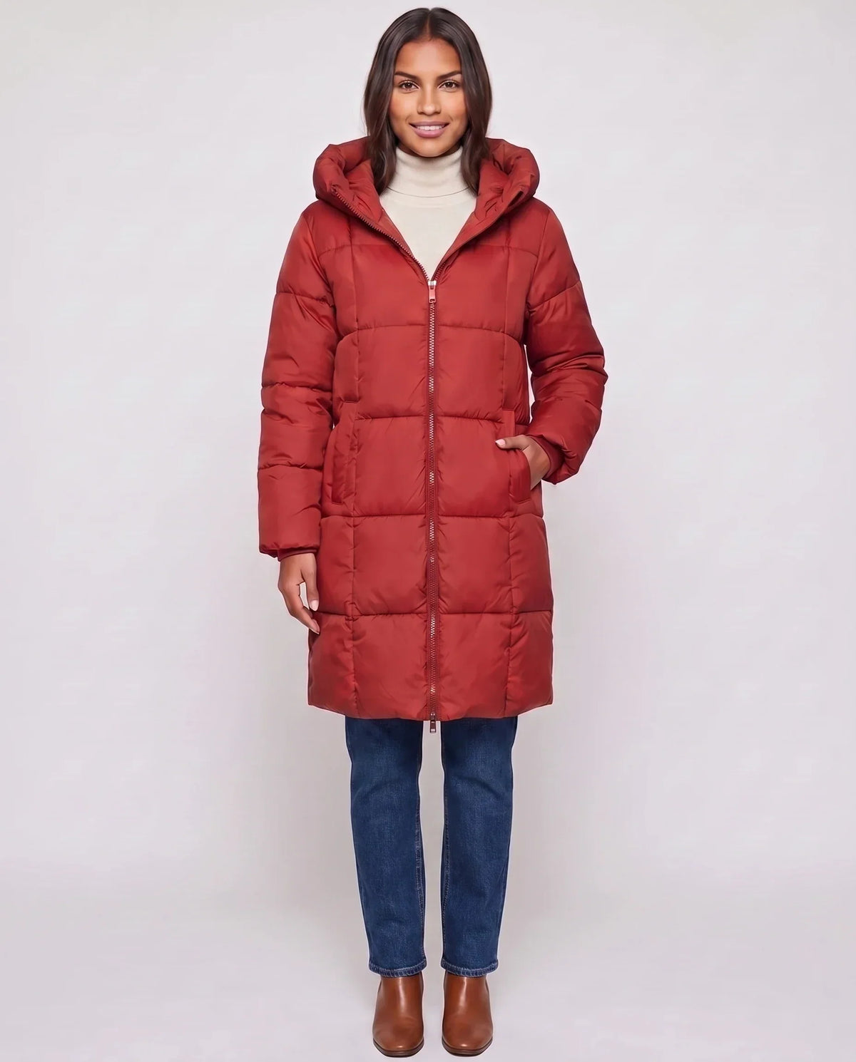 Long Hooded Puffer Jacket with Square Quilting