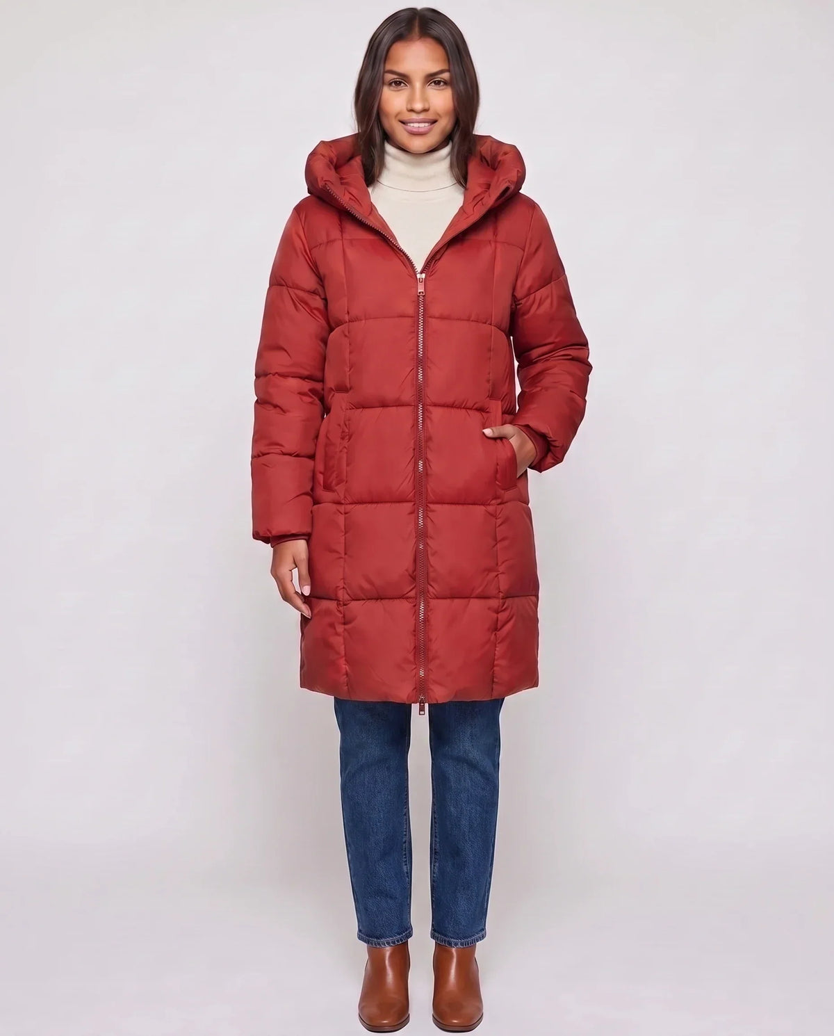 Long Hooded Puffer Jacket with Square Quilting