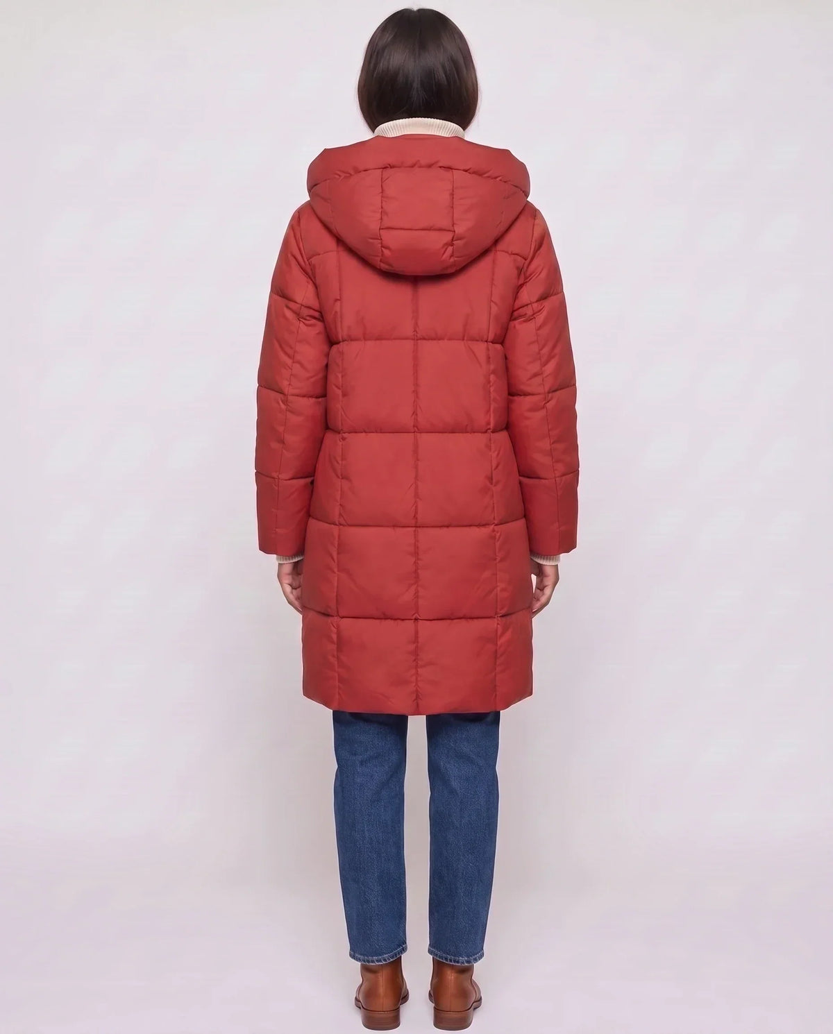 Long Hooded Puffer Jacket with Square Quilting